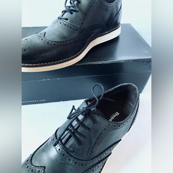 NEW Dune Mens 10 US BAYSIDE BLACK LEATHER WINGTIP WHITE WEDGE SOLE UK 44 - Picture 4 of 11